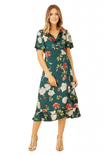 Green Satin Rose Print Wrap Dress Yumi